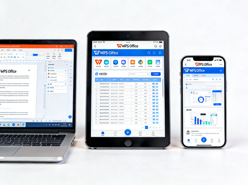 WPS Office多设备界面展示图，包含笔记本电脑、平板电脑和手机