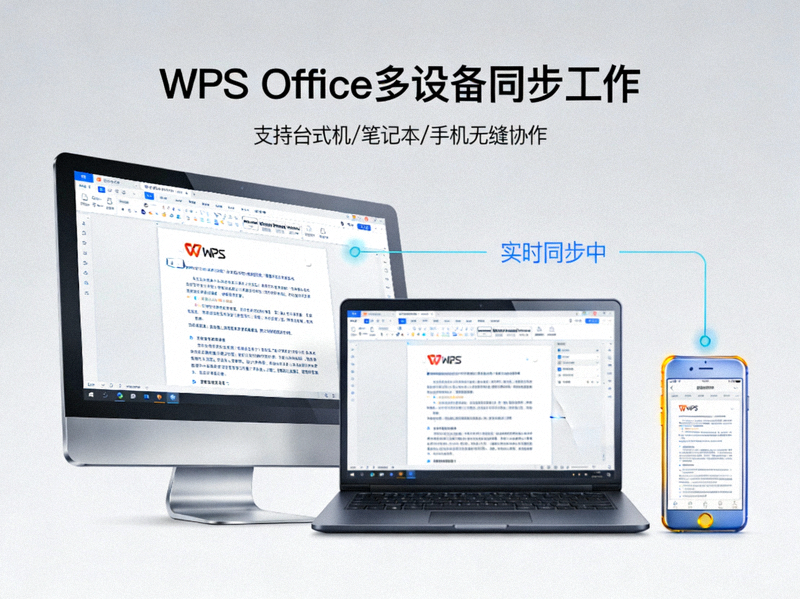 WPS Office在不同设备上同步工作的场景，包括台式机、笔记本电脑和手机